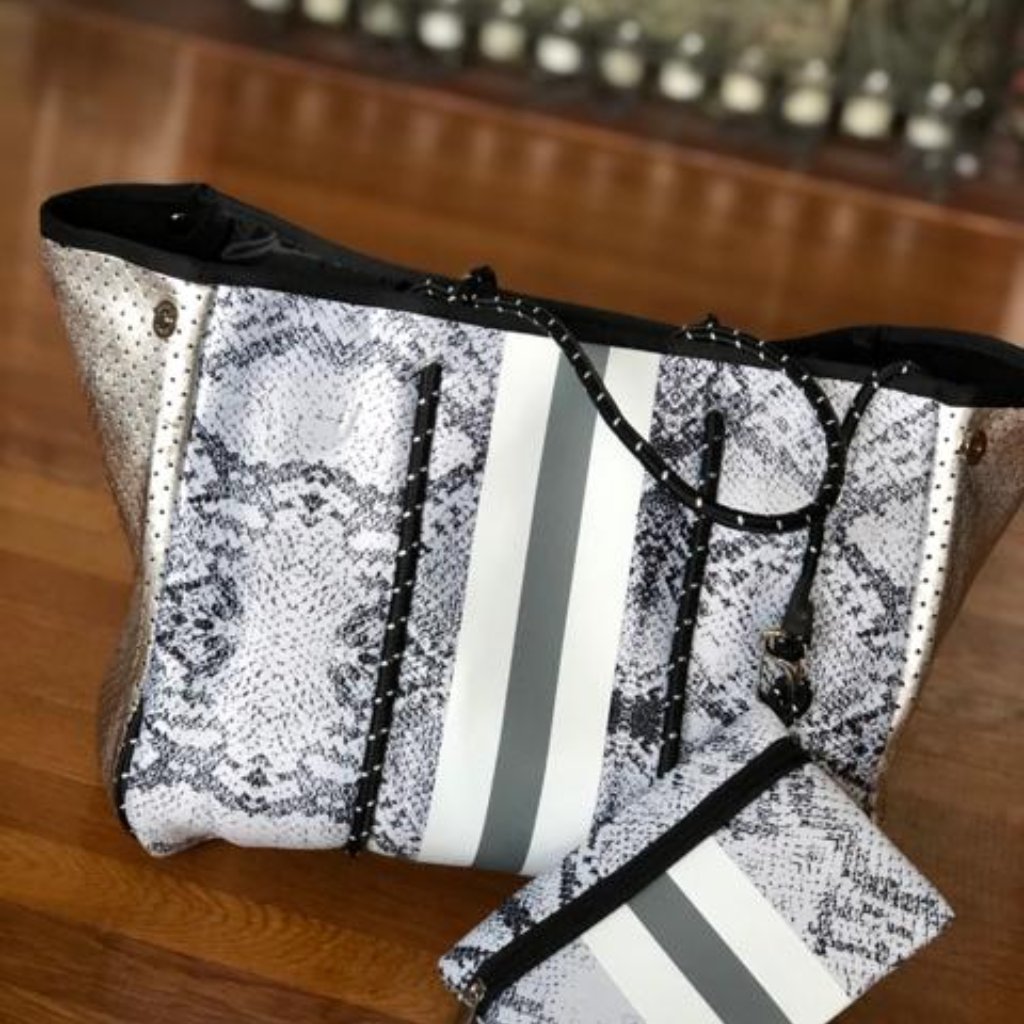 Neoprene Gray Python Print Tote
